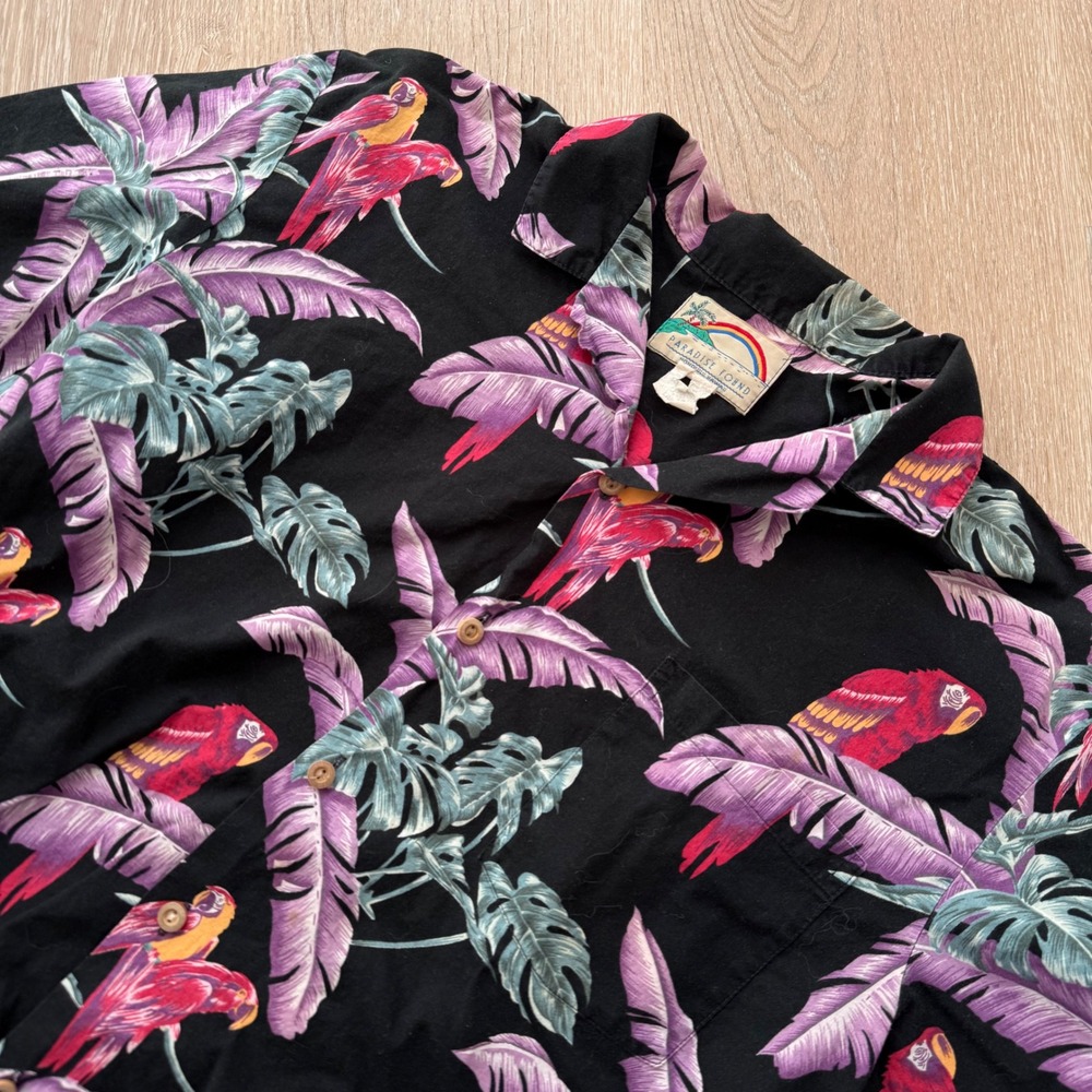 VTG Paradise Found Parrot Tropical Hawaiian Shirt Mens Large Black SS Button Up